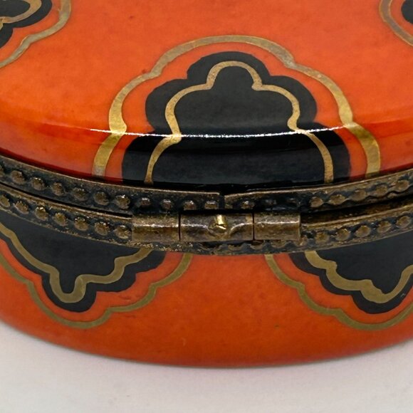 Limoges Oval Trinket Box Handprinted in France Brass Accents Orange-Black Design - Picture 5 of 16